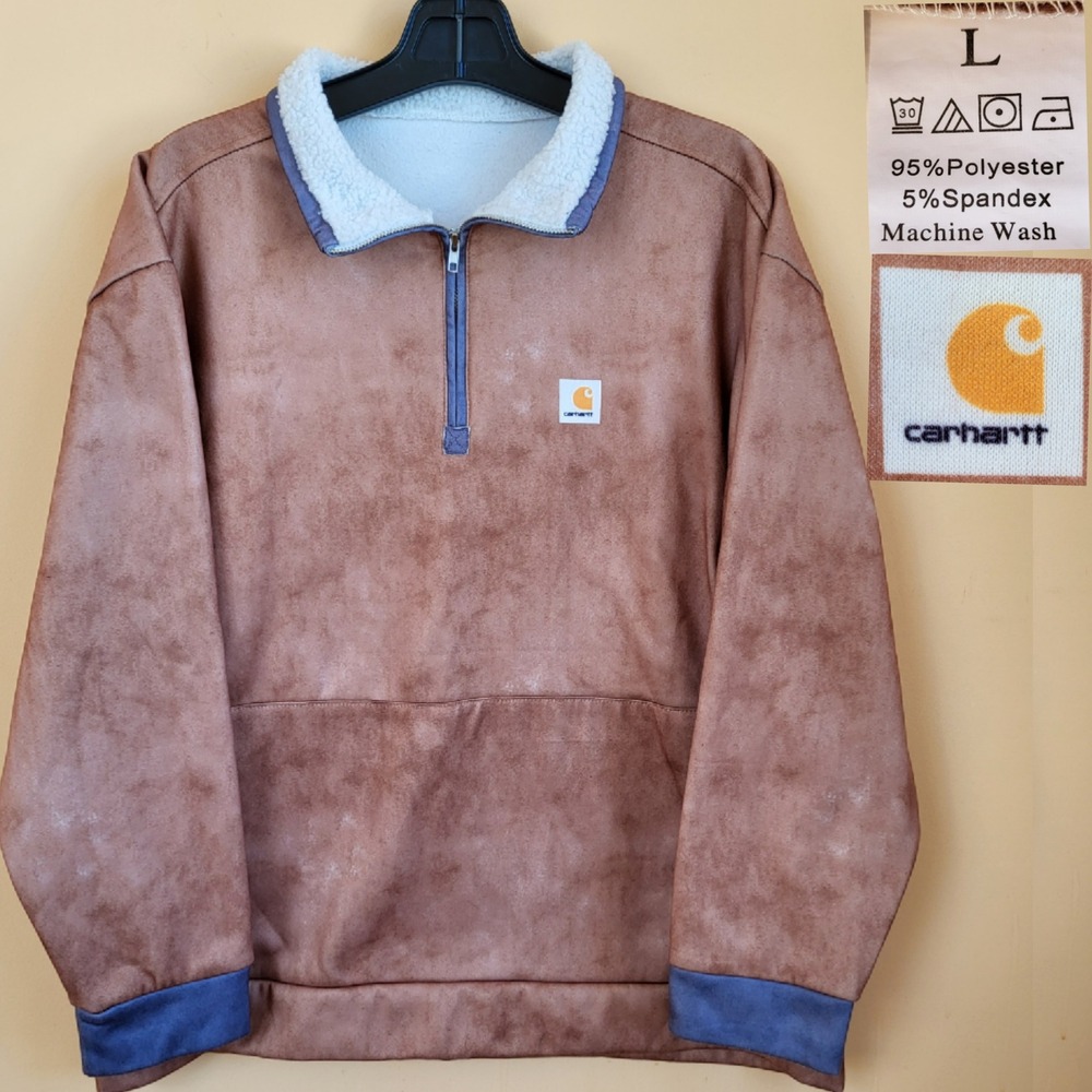 Carhartt Brown Suede-Look Sherpa-Lined Pullover Hoodie with Blue Trim